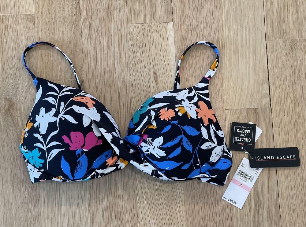 Island Escape Swim Top Womens 10 Black Floral Underwire Padded Built-In Bra